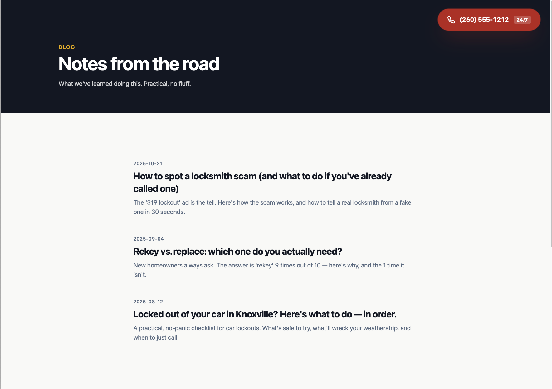 A blog index page from a Sitebarn-built site