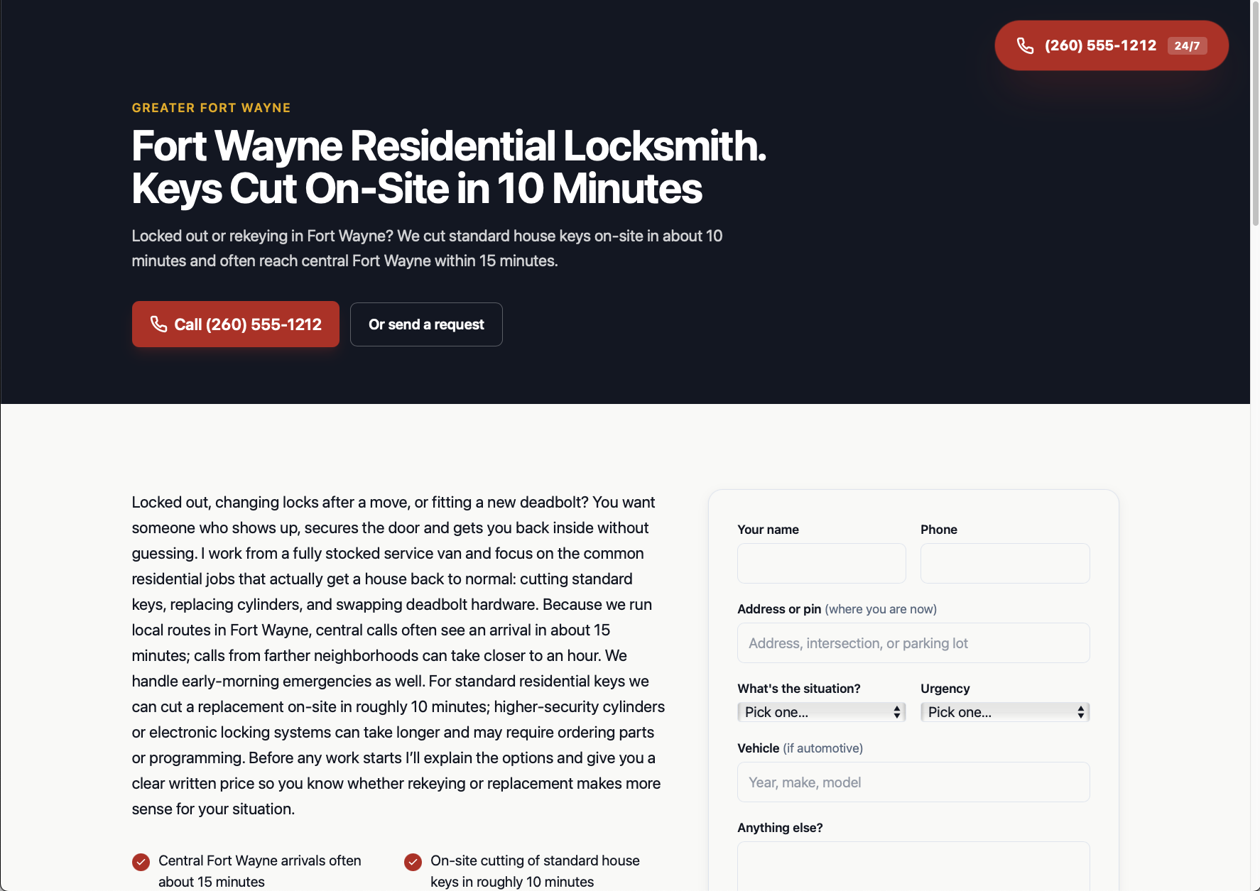 A service detail page with a contact form on a Sitebarn-built site